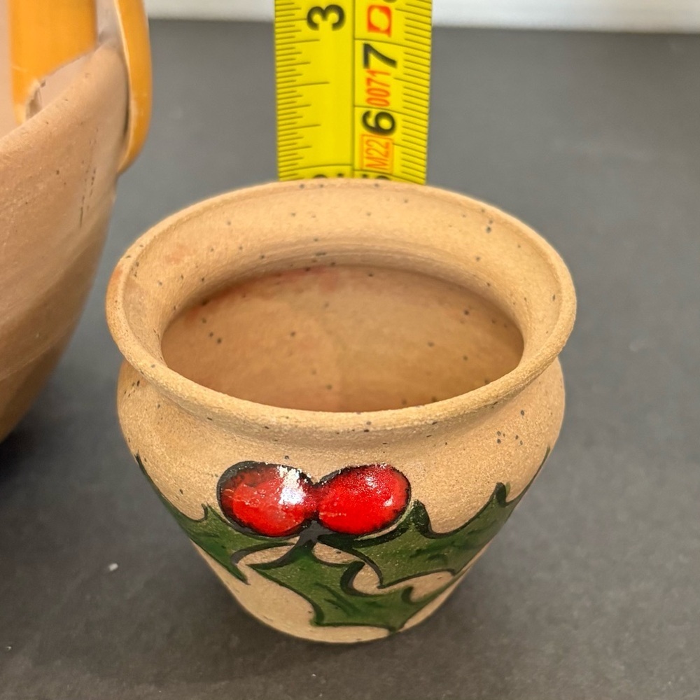 Christmas Art Pottery Bowl with Bamboo Handle Hand Painted Holly w/matching Vase - Picture 13 of 14